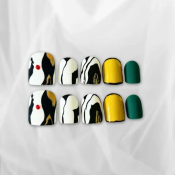 Abstract Press On Nails in Luxe Gold, Emerald Green, and Chic Black & White Marble