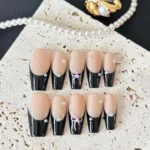 Elegant French Tip Press On Nails with Pearl Accent | Long Nails - Nude, Black, Pink