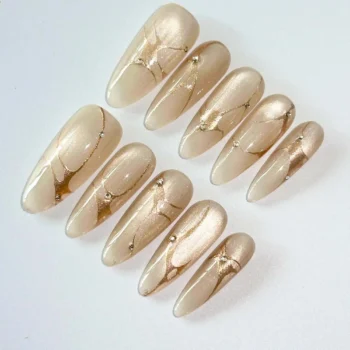 Champagne Glitter Rhinestone Press On Nails | Nude Gold False Nails | Long Coffin Luxury Set