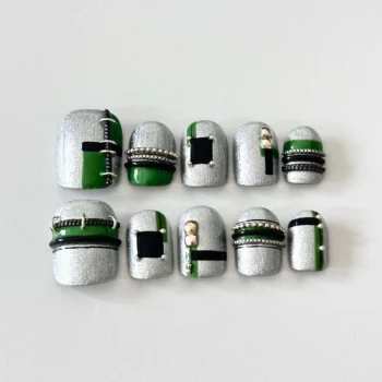 Silver Green Cyberpunk Press On Nails - Handmade False Nails with Edgy Black & Metallic Accents