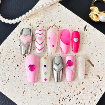 Pink Chrome Press On Nails: Love Heart Design, Handmade Fake Nails