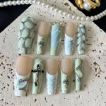 Green Press On Nails with Cross Charm & Opal Accent - Long Coffin 3D Cross Design