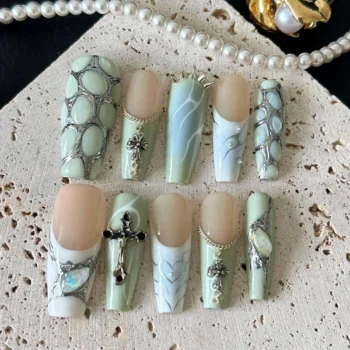 Green Press On Nails with Cross Charm & Opal Accent - Long Coffin 3D Cross Design