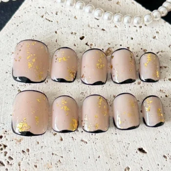 Elegant Nude French Tip Press On Nails - Gold Foil Accent | Square False Nails