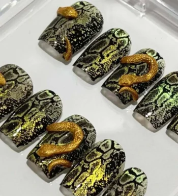 3D Gold Snake Press On Nails: Gothic Y2K Halloween Reusable False Nails