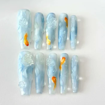 Koi Fish Press On Nails: Crystal Flower Coffin Nail Art