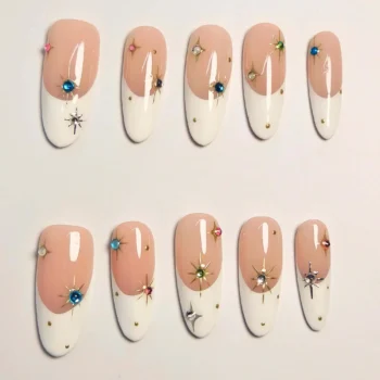 Celestial French Tip Press On Nails: Y2K Starburst Gem Nail Art