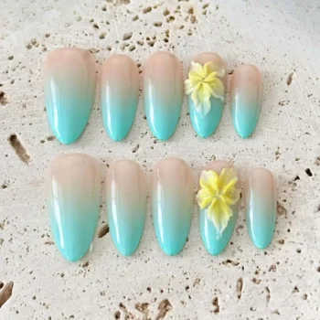 Floral Ombre Press-On Nails: Yellow & Teal Handmade Nail Art