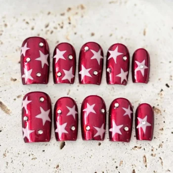 Red Chrome Star Press On Nails: Reusable Holiday Party Nails