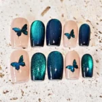 Blue Butterfly Cat Eye Press-On Nails: Cosmic Galaxy Short Reusable Fake Nails