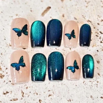 Blue Butterfly Cat Eye Press-On Nails: Cosmic Galaxy Short Reusable Fake Nails