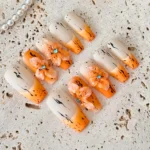 Floral Press On Nails: Handmade Gradient Orange with Green-Blue Gem