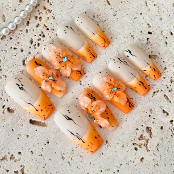 Floral Press On Nails: Handmade Gradient Orange with Green-Blue Gem